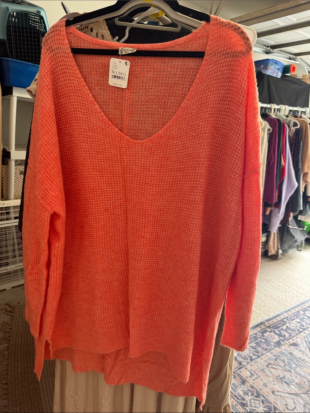Free People Lightweight V-Neck Waffle Knit Women's Sweater - Coral - M/L
